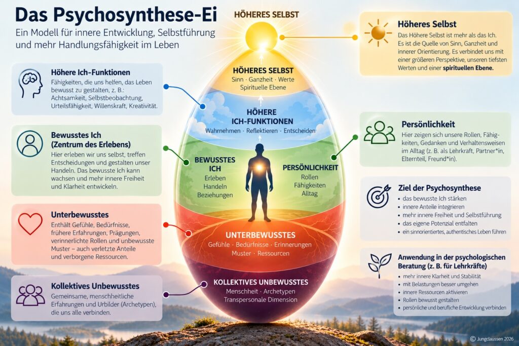 Infografik zum Psychosynthese-Ei nach Roberto Assagioli mit Höherem Selbst, spiritueller Ebene, bewusstem Ich, Persönlichkeit sowie individuellem und kollektivem Unbewussten. für Psychosynthese Beratung, Coaching in Düsseldorf, Praxis Jungclaussen