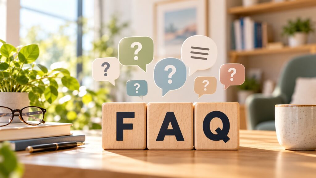 Bild zeigt Symbole zum Thema FAQs als Antworten auf häufige Fragen in der Praxis Dr. Jungclaussen, Psychotherapie Düsseldorf