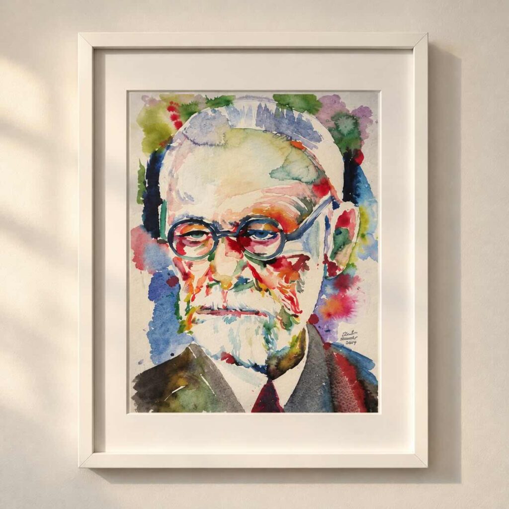 Farbenfrohes Aquarellporträt von Sigmund Freud mit Brille, gerahmt an der Wand der psychotherapeutischen Privatpraxis in Düsseldorf.