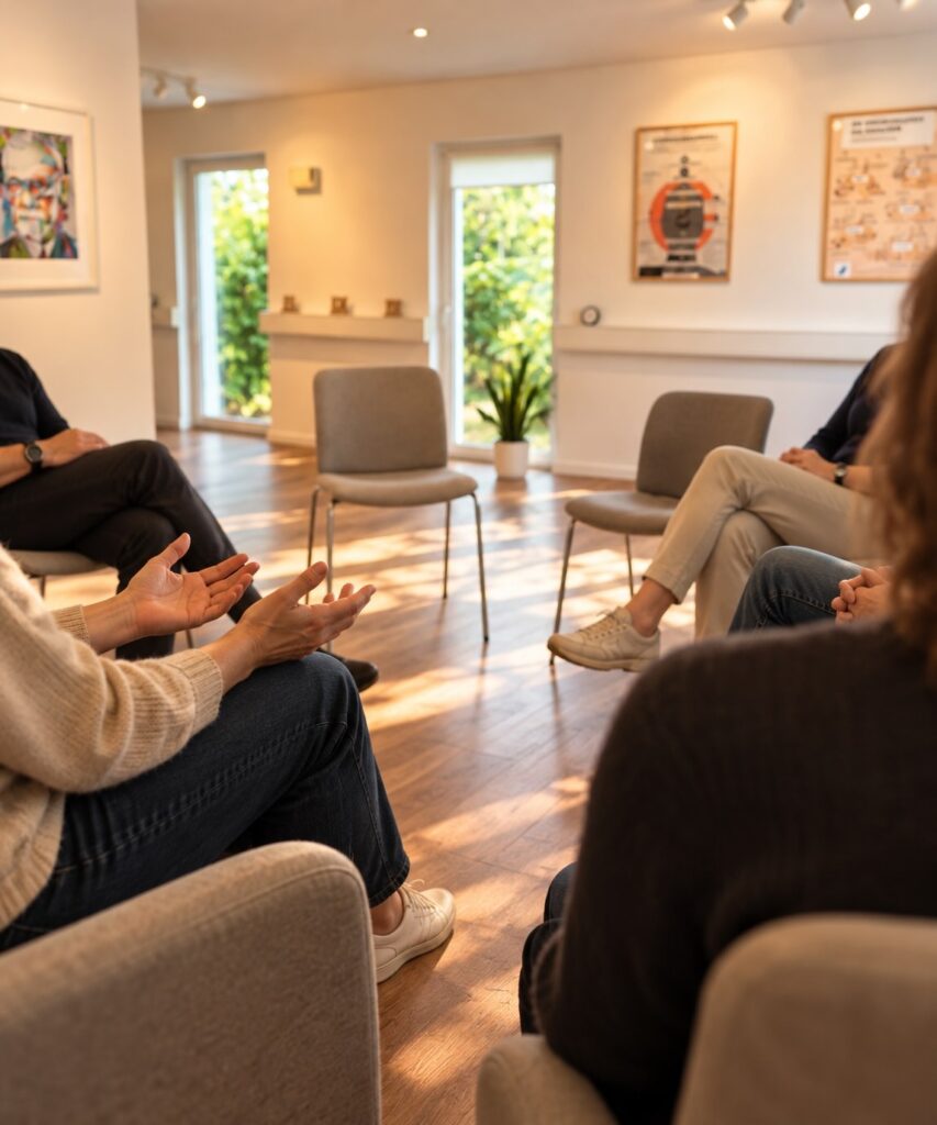 Gruppenpsychotherapie Düsseldorf Vennhausen Teilnehmer diskutieren in einer Therapiesitzung, Gruppenpsychotherapie Düsseldorf