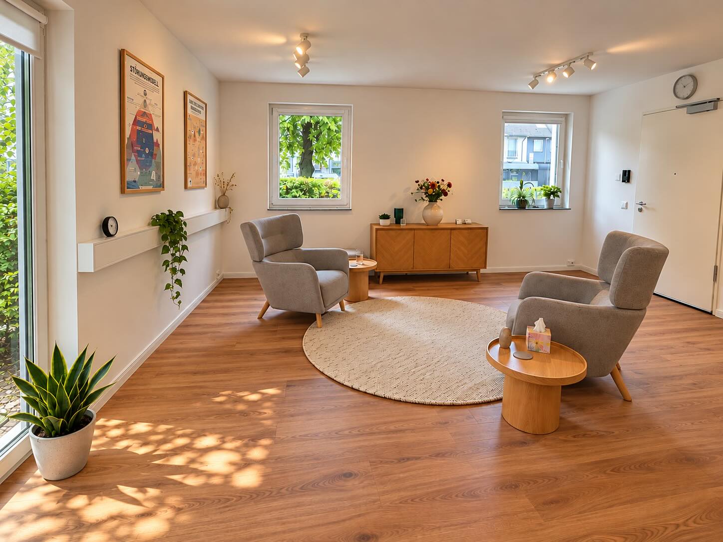 Heller Therapieraum der Privatpraxis Dr. Jungclaussen in Düsseldorf-Vennhausen mit zwei grauen Sesseln, Pflanzen und freundlicher Atmosphäre.