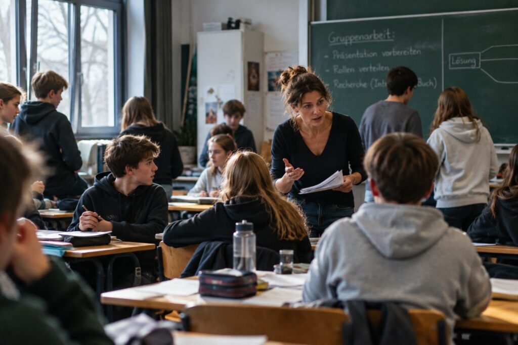 Lehrerin begleitet Schülerinnen und Schüler bei einer Gruppenarbeit im Klassenzimmer – beruflicher Alltag als Thema der Psychosynthese Beratung für Lehrkräfte in Düsseldorf, Selbstzahler Praxis