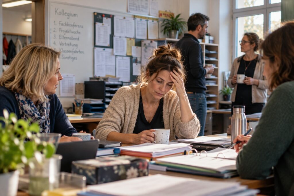 Erschöpfte Lehrerin im Lehrerzimmer während einer Kollegiumsbesprechung – berufliche Belastungen und Stressbewältigung als Themen der psychologischen Beratung für Lehrkräfte mit der Methode der Psychosynthese als Angebot in Düsseldorf