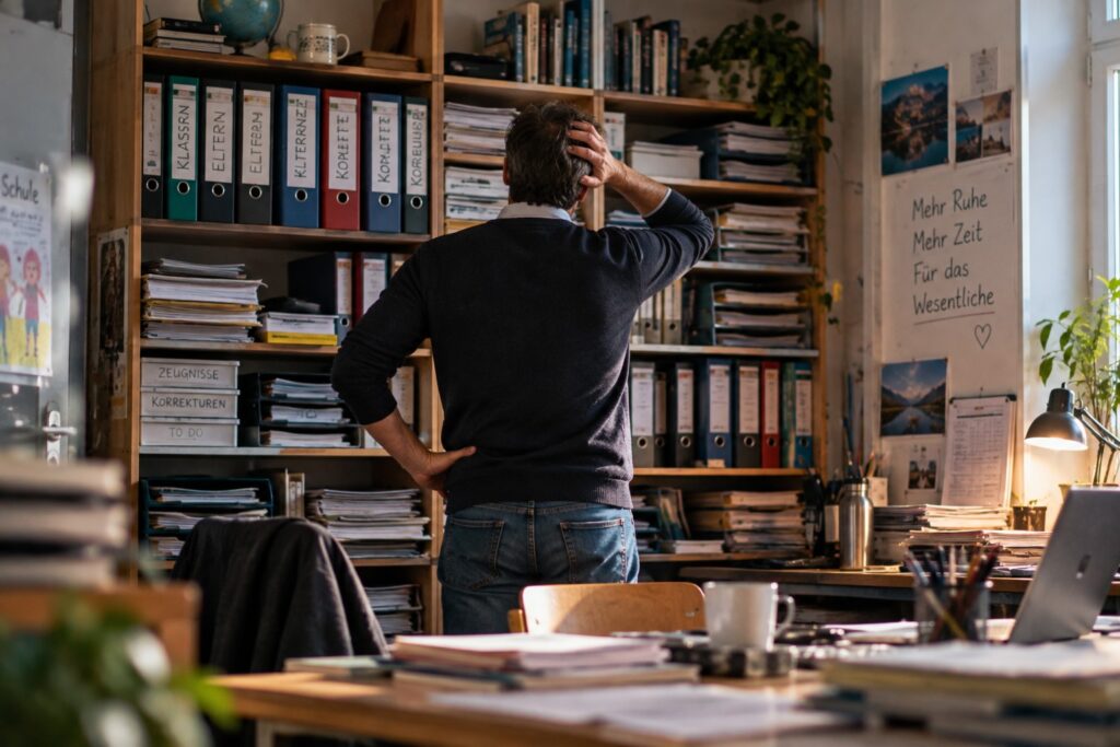 Lehrer benötigt Therapie oder Beratung oder Supervision in Düsseldorf, weil Überlasteter Lehrer steht vor einem Regal voller Aktenordner und Unterrichtsmaterialien – Stress und Überforderung im Lehrerberuf.