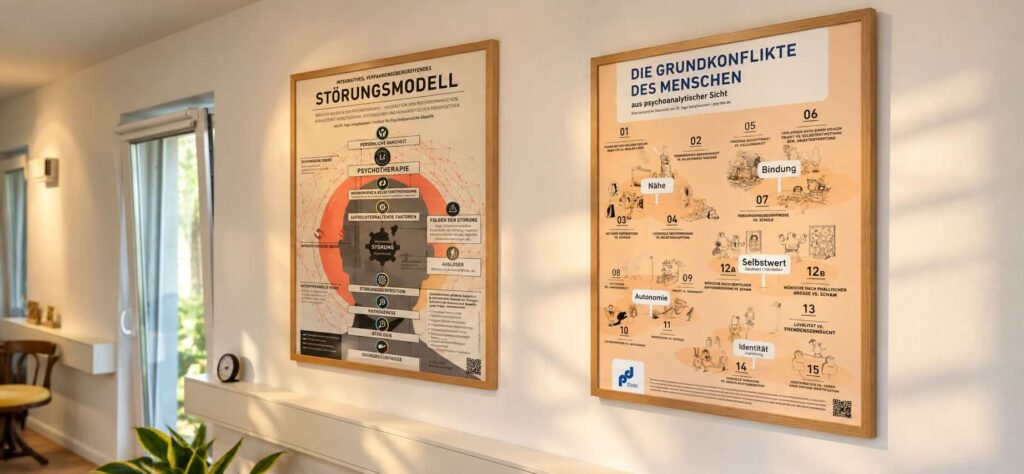 Zwei gerahmte Schaubilder zum psychodynamischen Störungsmodell und zu den Grundkonflikten des Menschen an der Wand einer Psychotherapiepraxis.